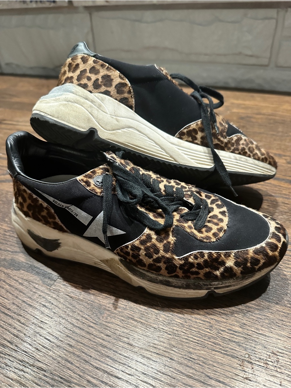 Golden Goose Run Leopard-Print Lace-Up Chunky Sneakers Black & Brown Pony Hair